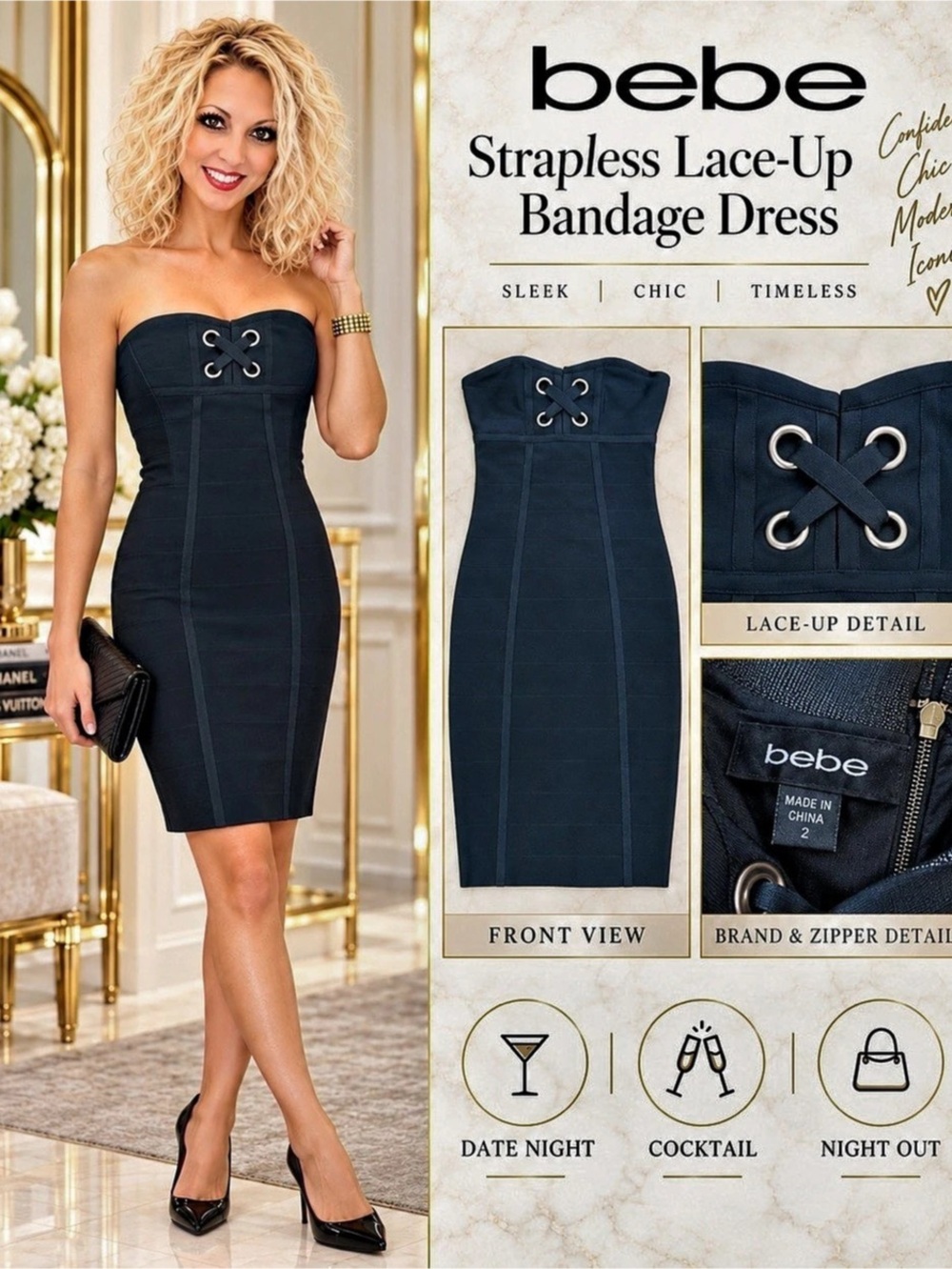 bebe Strapless Lace-Up Bandage Dress Midi Dress Black Small